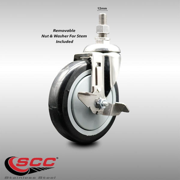 Service Caster 5 Inch 316SS Black Polyurethane Swivel 12mm Threaded Stem Caster with Brake SCC-SS316TS20S514-PPUB-BLK-TLB-M1215 - main